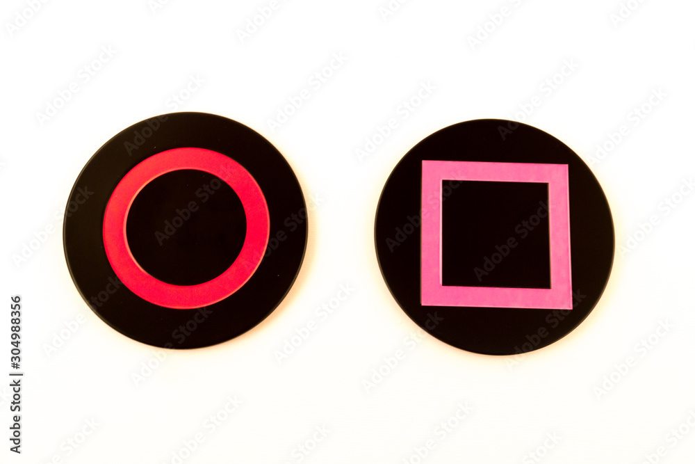 Object shapes, triangle, square, circle and letter X in different colors against white background Object shapes, triangle, square, circle and letter X in different colors against white background