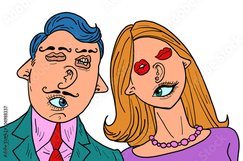 funny couple in love. Mixed faces eyes mouth ears nose
