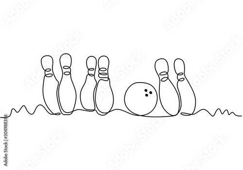 Bowling game continuous one line drawing vector illustration. Sport theme sign and symbol with ball and pins isolated on white background.