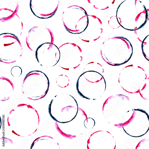 Seamless pattern with abstract circles, watercolor stains, prints from a glass of wine. Handmade watercolor illustration for the design of the kitchen, drinks, background, wallpaper, menu.