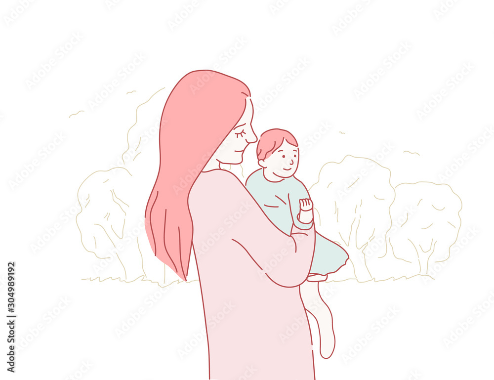Happy mother hugs little baby. Mom with daughter on a walk. Mothers day concept hand drawn style on isolated background. Mom take care of the kid. Baby in mother arms. Doodle vector illustration Happy mother hugs little baby. Mom with daughter on a walk. Mothers day concept hand drawn style on isolated background. Mom take care of the kid. Baby in mother arms. Doodle vector illustration