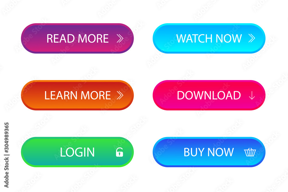 Set of trendy action call button for web, mobile app. Template navigation button menu. Gradient icon for game, banner. Kit of material style buttons with download, learn more. Isolated vector
