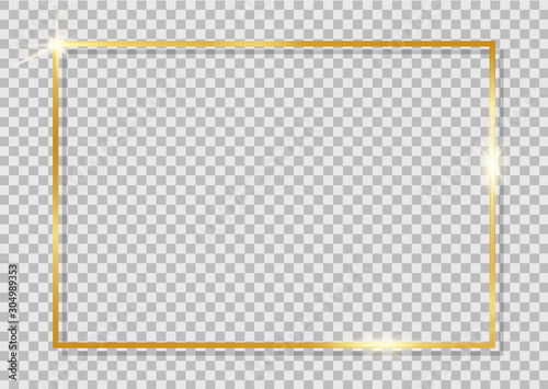 Gold shiny frame. Golden luxury realistic square border. Modern gold frame with shine oval on isolated background for celebration, card, christmas banner. Template glow boarder for birthday. vector