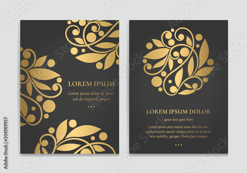Gold vintage greeting card design with a black background. Luxury vector ornament template. Mandala. Great for invitation, flyer, menu, brochure, wallpaper, decoration, or any desired idea.