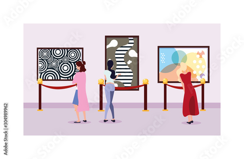 women in contemporary art gallery, exhibition visitors viewing modern abstract paintings