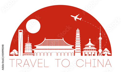 china top famous landmark silhouette in half circle shape with red color style,travel and tourism,vector illustration