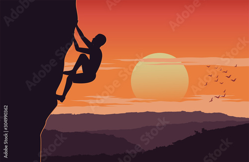 man climb up cliff on sunset time carefully around with mountain,extreme activity of the world,silhouette design,vector illustration