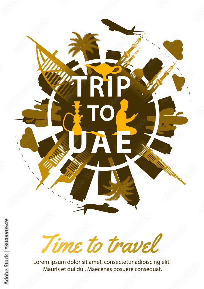 UAE famous landmark silhouette style around text,desert color design,travel and tourism,vector illustration