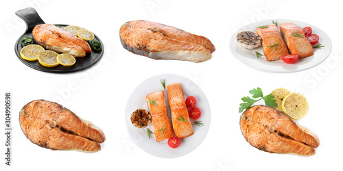 Photography Set of delicious roasted fish on white background