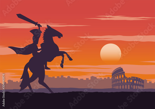 Photography knight have be victorious,ride on horse nearby colosseum,comeback home on sunset