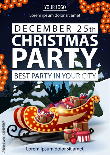 Christmas party, best party in your city, poster with white letters, winter landscape on background, Santa Sleigh with presents and garland