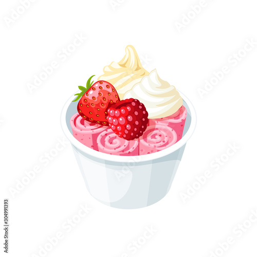 Basket of stir fried pink ice cream rolls under whipped cream decorated with berries of raspberry and strawberry. Vector illustration cartoon flat icon isolated on white.