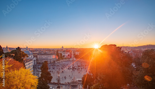 Canvas Print Rome piazza del popolo aerial rooftop view sunset silhouette old ancient archite