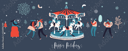 Winter New Year banner. Background Winter design  with carousel, people celebrate New Year, around winter trees. Horizontal poster, greeting card, header, website