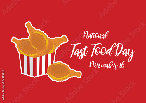 National Fast Food Day vector. Fried chicken drumsticks vector. Bucket of fried chicken pieces. Baked crispy chicken legs vector. American food and beverage holiday. Fast Food Day Poster, November 16 photo