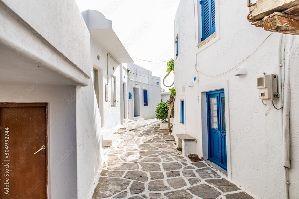 Traditional small alleys at Parikia the port of Paros island, in Cyclades, Greece