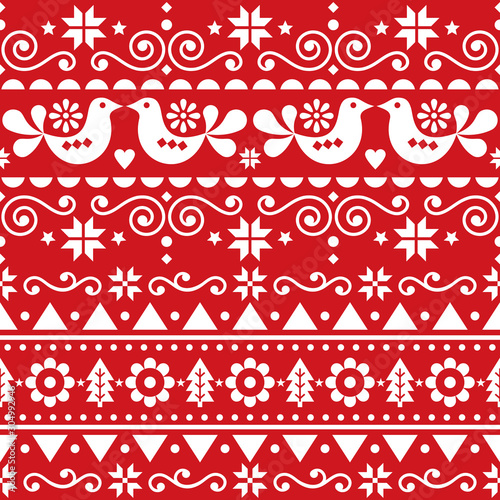 Scandinavian Christmas cute seamless vector pattern folk art style, repetitive winter retro Nordic design with birds, Christmas trees, snowflakes and flowers