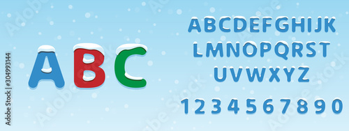 Winter font. Snow covered letters and numbers with usage example. Vector illustration EPS 10.	