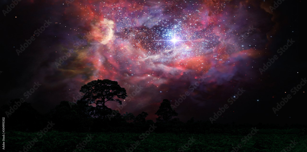 blur ancient stardust nebula back on night cloud sky over silhouette forest