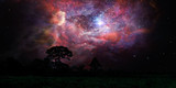 blur ancient stardust nebula back on night cloud sky over silhouette forest