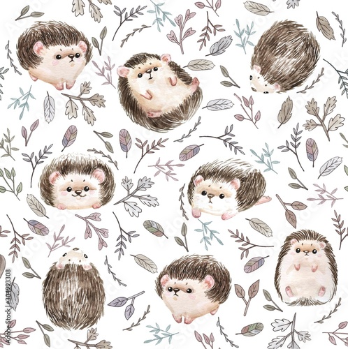 Cute baby hedgehog animal seamless pattern, nursery isolated illustration for children clothing. Watercolor Hand drawn boho image Perfect for phone cases design, nursery posters, postcards - Illustrat