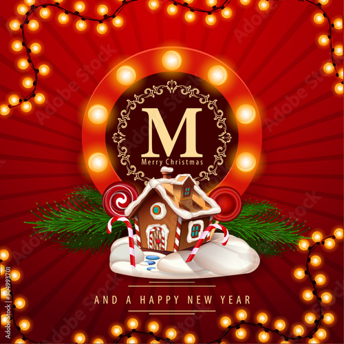 Merry Christmas and happy New Year, red square postcard with Christmas gingerbread house. Greeting card with round logo with bulbs