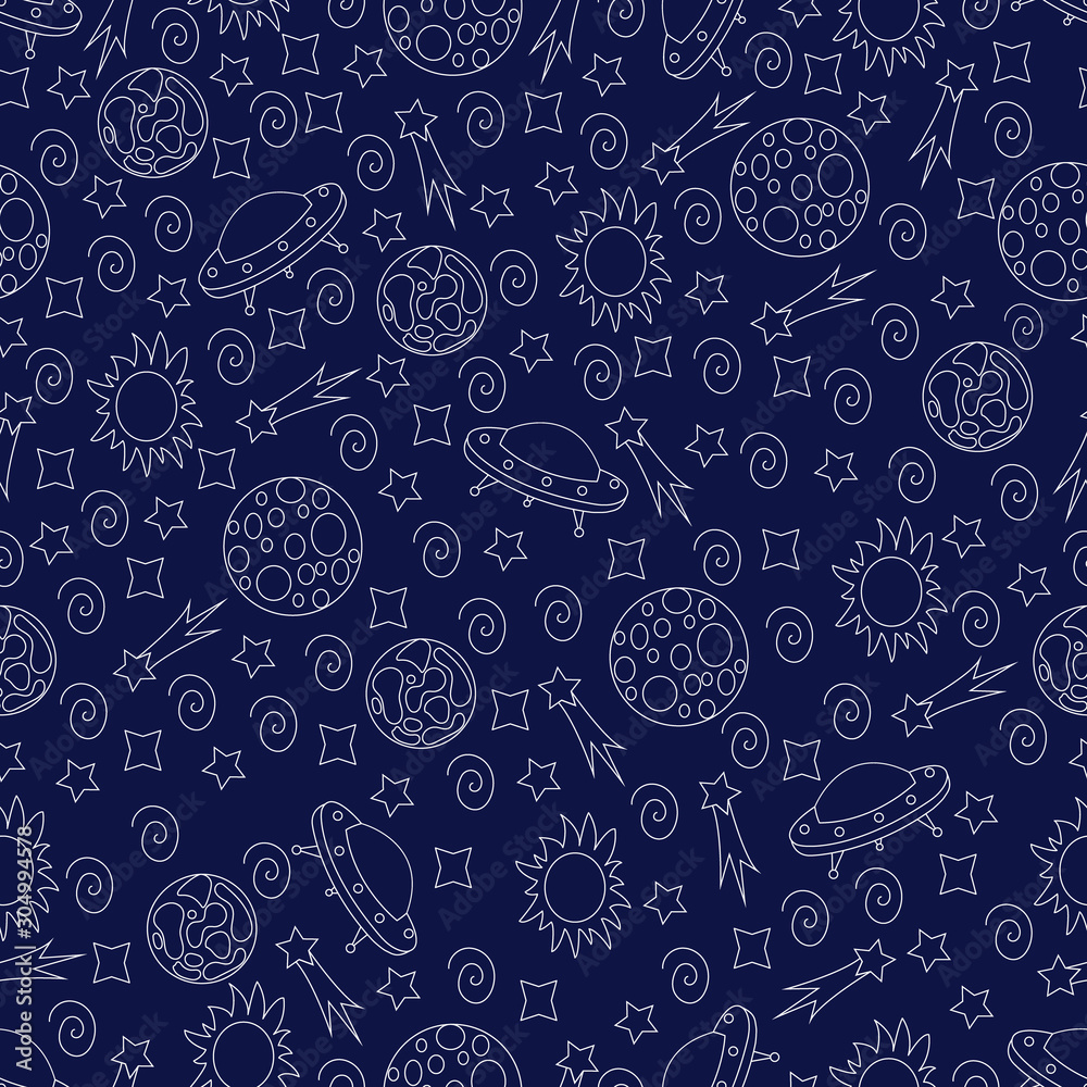Seamless pattern with space on a blue background. Vector. Design for fabric, textile, fashion design, wrapping.