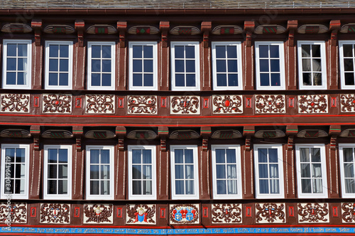 Decorated facade of medieval house in Goslar, Germany.