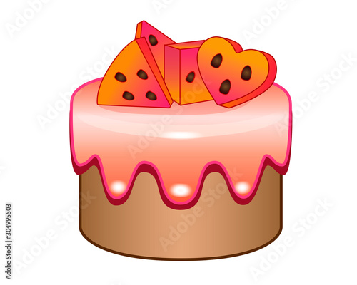 Cake with watermelon. Sponge cake sweet iced and decorated with slices of watermelon of different shapes - full color vector illustration.