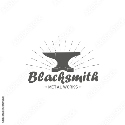 Black and white illustration of anvil, rays and text on a white background. Vector blacksmith logo illustration. Professional metal work