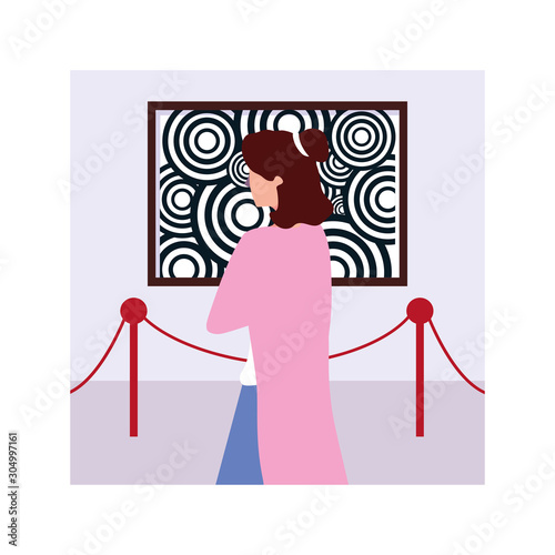 woman in contemporary art gallery, exhibition visitors viewing modern abstract paintings