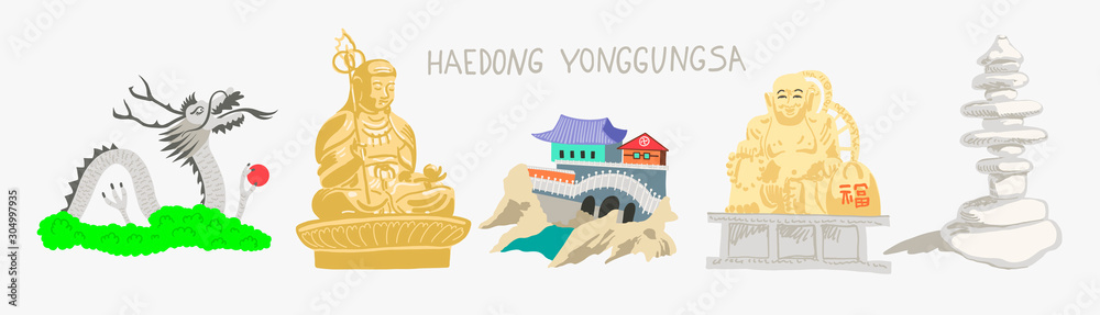 set of 5 doodle flat vector illustration of Haedong Yonggungsa seaside temple in Busan, South Korea