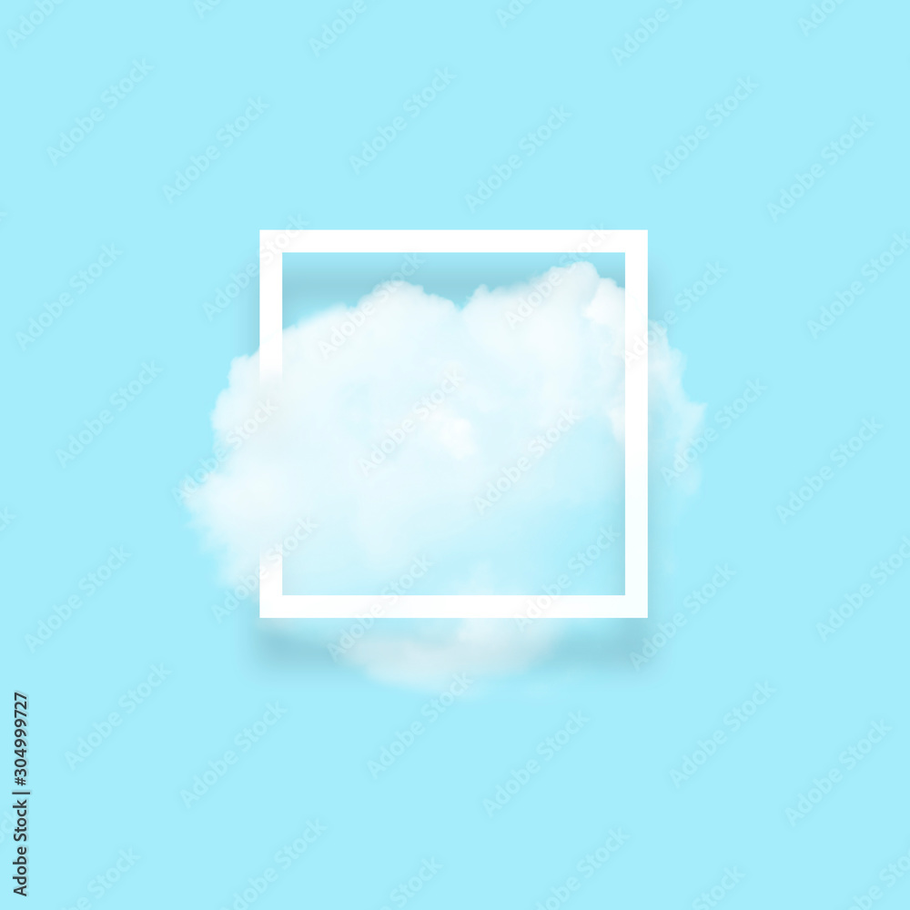 White cloud in snapshot frame illustration. Rectangular border with cotton candy isolated on baby blue color background. Creative artistic composition, stylish cloud photo on turquoise backdrop