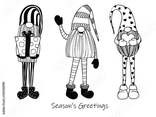 Scandinavian Christmas gnomes. Sketch of cute gnomes isolated on a white background