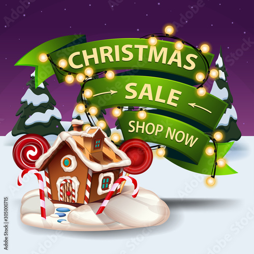 Christmas sale, shop now, discount banner with volumetric ribbon wrapped garland, winter landscape and Christmas gingerbread house
