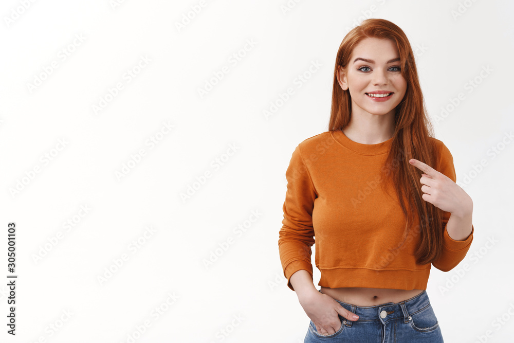 Obraz premium Girl believe herself proving she worth job right candidature. Carefree relaxed pleasant smiling urban attractive redhead woman pointing own chest proudly boastful explain own achievements was picked