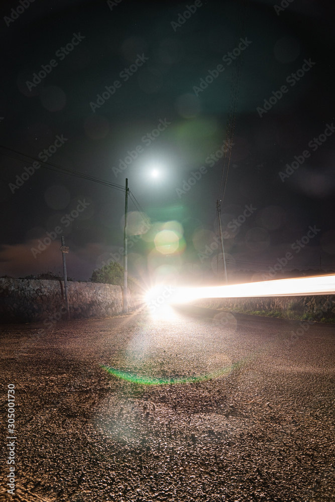 rain on the road at night