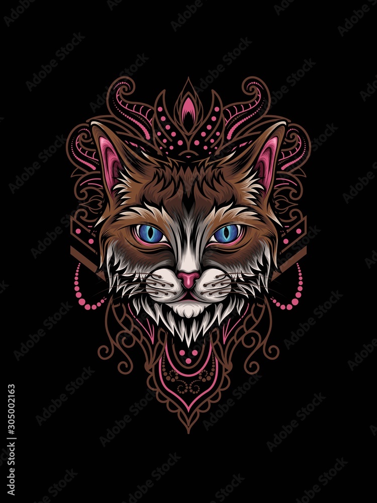 Cat vector illustration with mandala pattern as the ornament background for t-shirt print apparel and other merchandise Cat vector illustration with mandala pattern as the ornament background for t-shirt print apparel and other merchandise