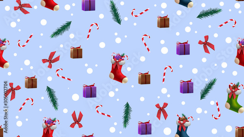 Christmas seamless blue texture with Christmas stockings, Christmas tree branches, candy canes, presents and bows