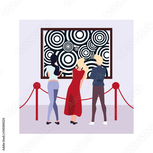 group of people in contemporary art gallery, exhibition visitors viewing modern abstract paintings