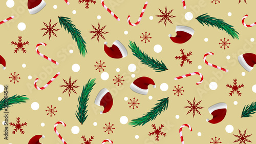 Christmas beige seamless texture with Santa Claus hat, Christmas tree branches, candy cane and snowflake
