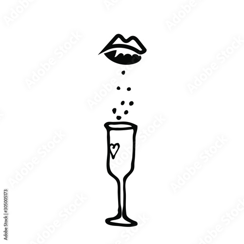 Hand drawn line art vector, icon glass of drink and lips of a girl, woman, decorative heart on a white background isolated for use in design, doodle illustration, fashion, logo, postcard