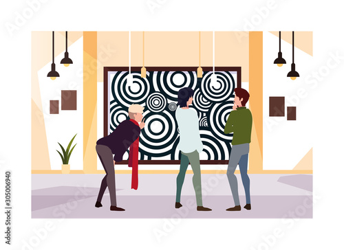 men in contemporary art gallery, exhibition visitors viewing modern abstract paintings