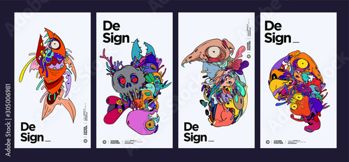Картината върху платно Vector abstract cartoon doodle skull, bone, insect, and head colorful illustration