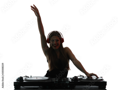 Silhouette of female dj playing music on white background photo
