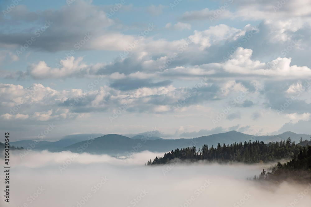 Misty landscape. Morning fog sunrise high in the Carpathian mountains. Ukraine.