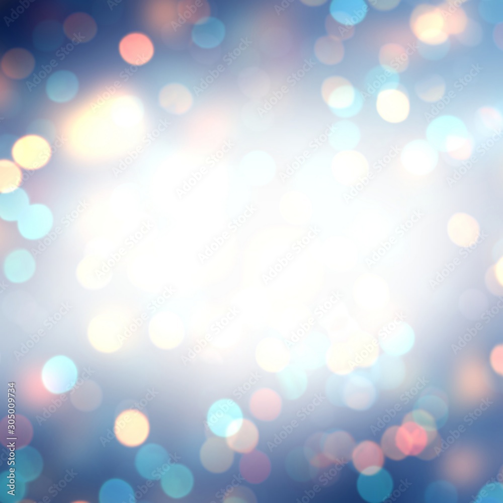 Bokeh blue frame. Golden sparkles on empty background. Gleam abstract texture. Miracle blurred illustration. Night party defocused template.