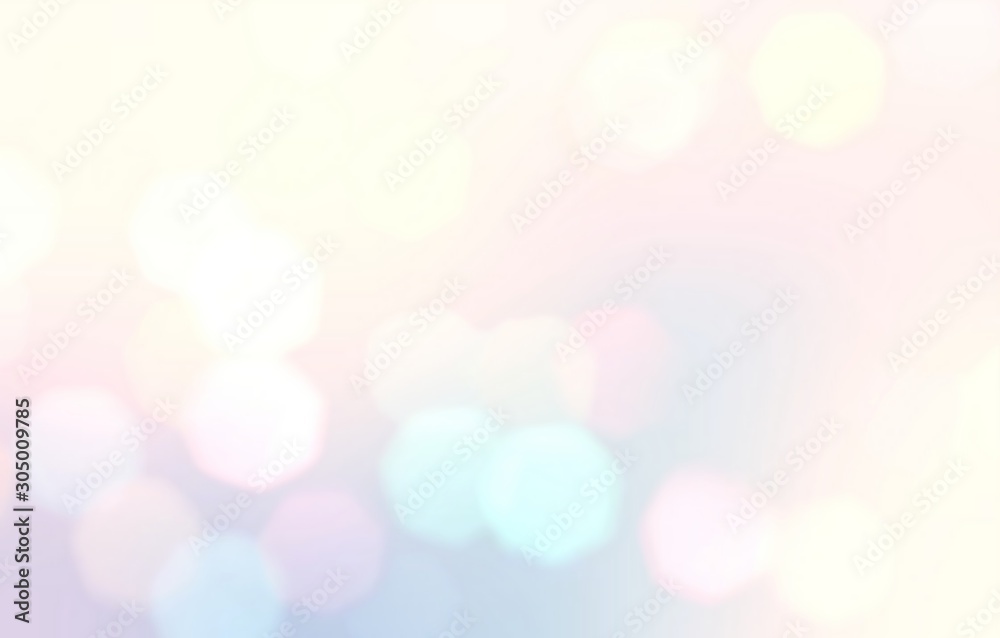 Light bokeh defocus illustration. Pastel abstract backdrop. Sweet dream background. Blurred texture. Bright blue pink yellow ombre pattern. 