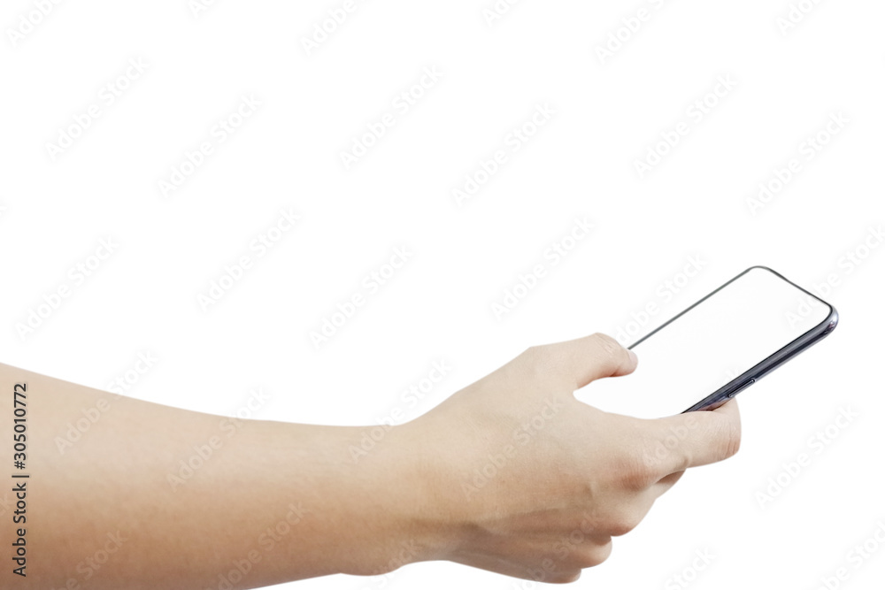 A man use the phone isolated on white background.Blank phone screen. A man use the phone isolated on white background.Blank phone screen.