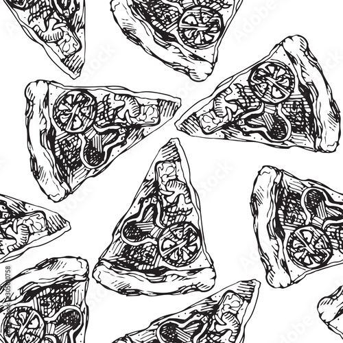 Linear illustration of pizza slice pattern in black ink fast food set 